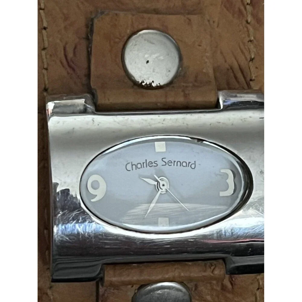 Charles Sernard Ostrich Leather Cuff Watch Silver New Battery